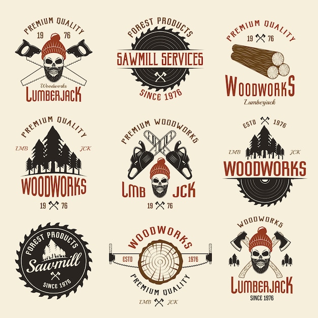 Lumberjack colorato emblemi stile retrò con legname e strumenti di lavoro