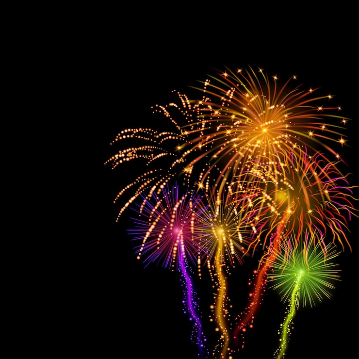 Vettore luminosi fuochi d'artificio celebrativi su fondo nero