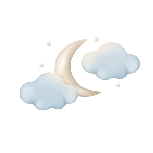 Luna crescente nelle nuvole illustrazione vettoriale 3D. Tempo limpido o nuvoloso di notte in stile cartone animato isolato su sfondo bianco. Previsione del tempo, concetto meteorologico