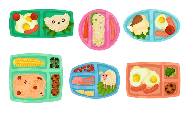 Lunch Box con diversi alimenti all'interno del set vettoriale Contenitori visualizzati in alto con raccolta di pasti