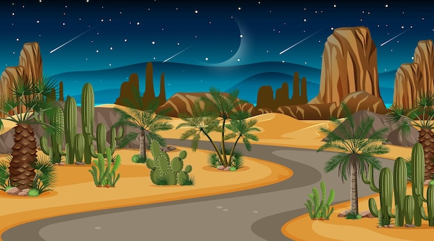 Lunga strada attraverso il paesaggio desertico nella scena notturna