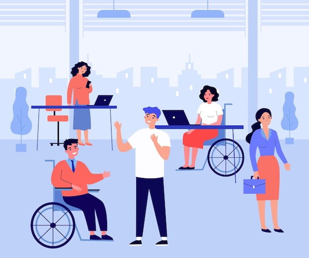 Luogo di lavoro accessibile con dipendenti in sedia a rotelle. Impiegato in sedia a rotelle che parla con un collega illustrazione vettoriale piatta. Concetto di accessibilità per banner, progettazione di siti Web o pagine Web di destinazione