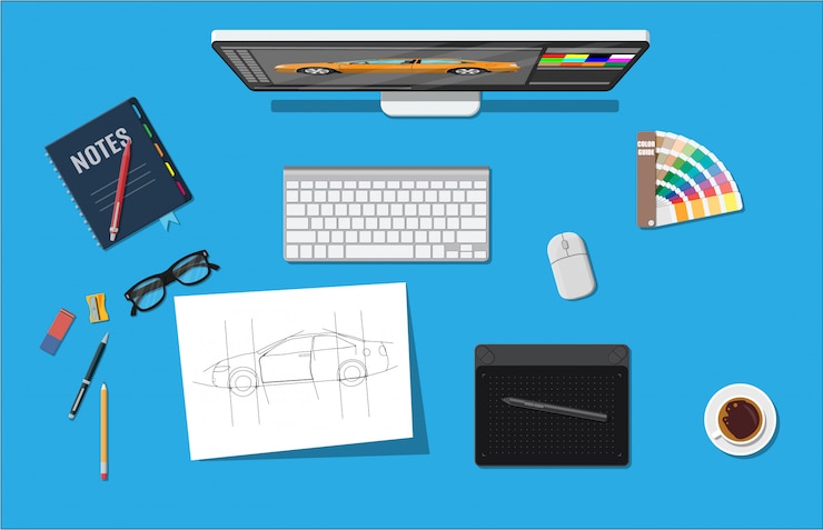 Vettore luogo di lavoro del designer. desktop illustrator con strumenti