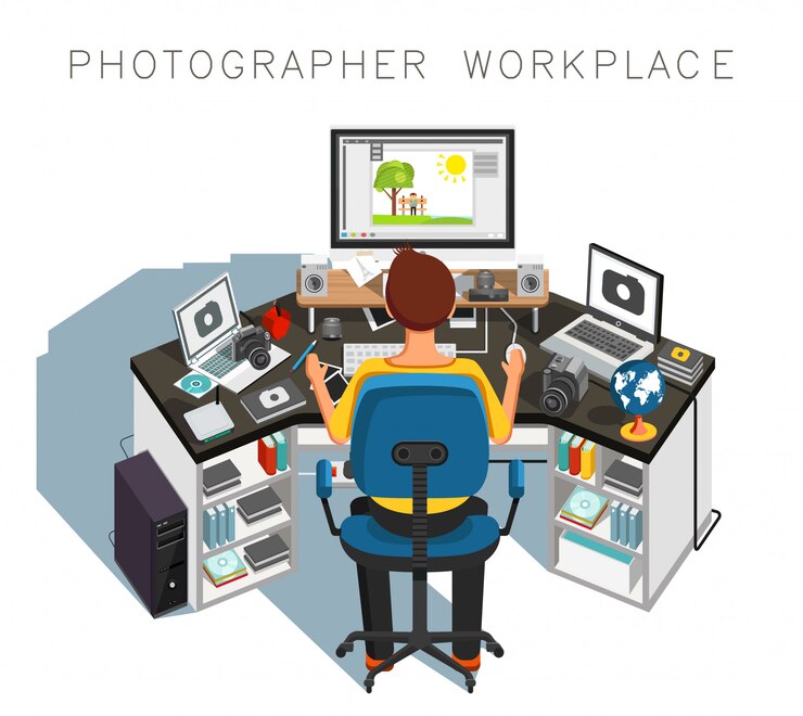 Vettore luogo di lavoro del fotografo. fotografo al lavoro. illustrazione
