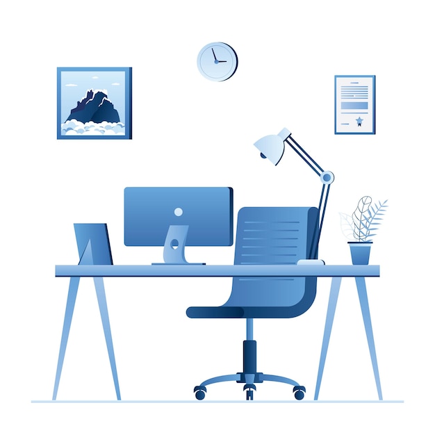 Luogo di lavoro moderno Interni per ufficio con mobili isolati illustrazione vettoriale