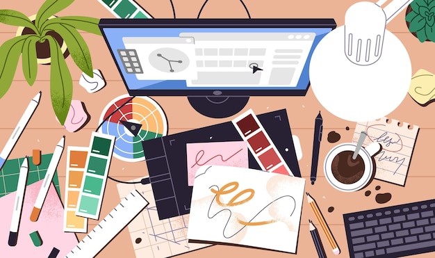 Luogo di lavoro sporco dell'artista vista superiore tavolo del computer disordinato con disordine creativo disordine sulla scrivania tazza disegno articoli di cancelleria palette di colori pittori organizzazione dello spazio di lavoro illustrazione vettoriale piatta