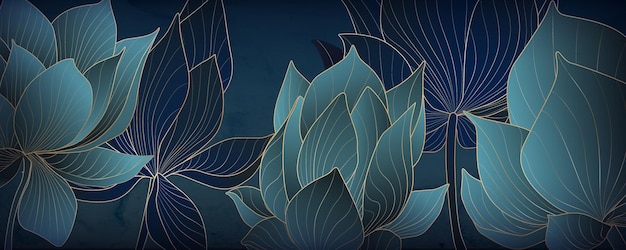 Lussuosa carta da parati oro e loto blu per banner web, social media e packaging.