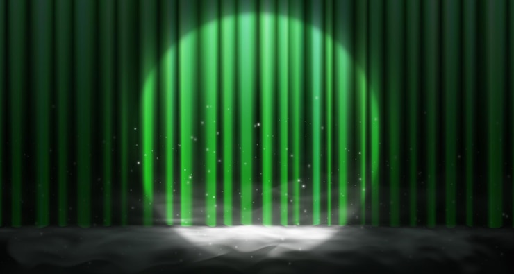 Vettore lussuosa tenda verde con fumo di proiettore e effetti di macchina di nebbia su un elegante vettore di palcoscenico