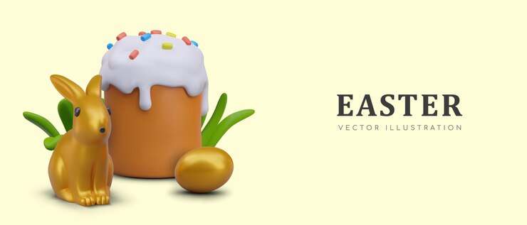 Vettore lussuoso concetto di pasqua con elementi decorativi dorati dolce torta alta coniglio uova erba verde