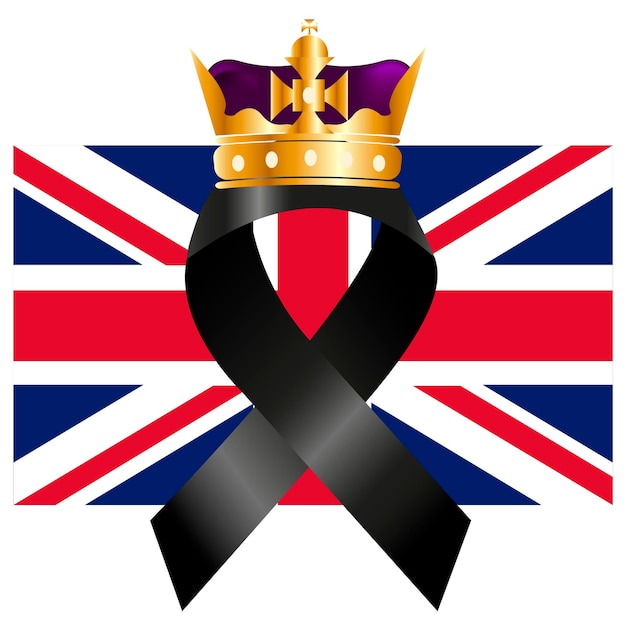 Lutto nel Regno Unito Bandiera del Regno Unito con un nastro nero con una corona reale