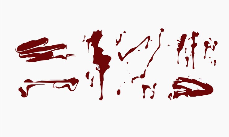 Macchie e schizzi di sangue isolati su sfondo bianco set di cartoni animati vettoriali di schizzi sanguinanti sca