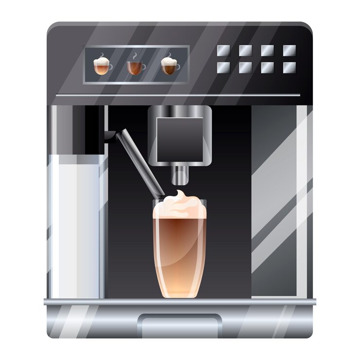 Vettore macchina da caffè automatica domestica isolata su sfondo bianco apparecchio per cappuccinatore domestico tazza di latte schiuma di latte in tazza collezione mockup realistici elettrodomestici illustrazione vettoriale