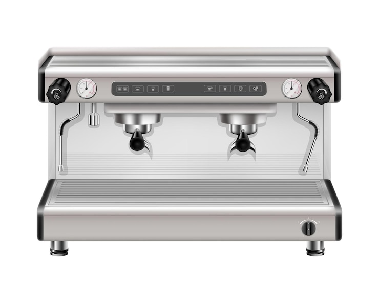 Vettore macchina da caffè professionale moderna del metallo su una rappresentazione realistica 3d di vista frontale di due tazze isolata su fondo bianco. macchina per caffè espresso cappuccino macchina per la schiuma di vapore
