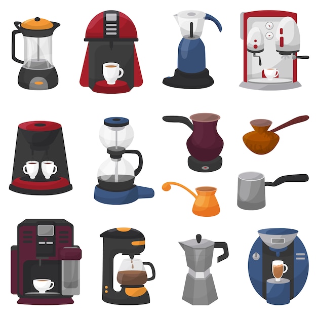 Macchina da caffè vettore caffettiera e macchina da caffè per espresso con caffeina in set da caffè di attrezzatura professionale caffettiera