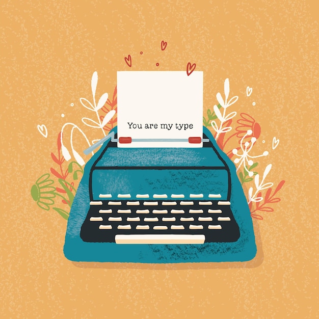 Macchina da scrivere e nota d'amore con scritte a mano. Illustrazione disegnata a mano colorata per Happy Valentines day. Biglietto di auguri con fiori ed elementi decorativi.