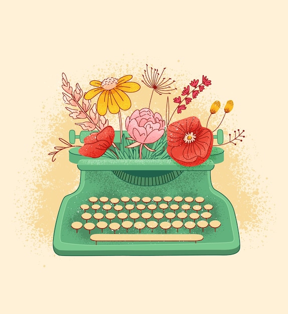 Macchina da scrivere vintage con fiori, illustrazione.