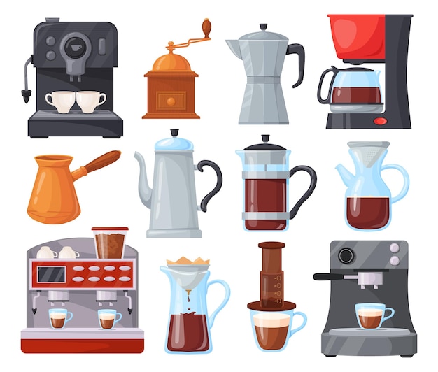 Macchina per il caffè dei cartoni animati Macchine da caffè clipart macchina da stampa francese filtro caffettiere caffè cucina artigianato macchina per caffè espresso calda macchina per caffè espresso tacchino bollitore barista negozio illustrazione vettoriale ordinata
