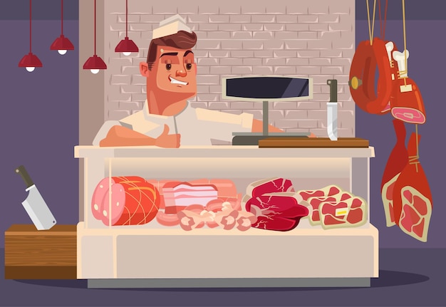 Macellaio sorridente felice dell'uomo di vendita che offre carne fresca. illustrazione di cartone animato piatto