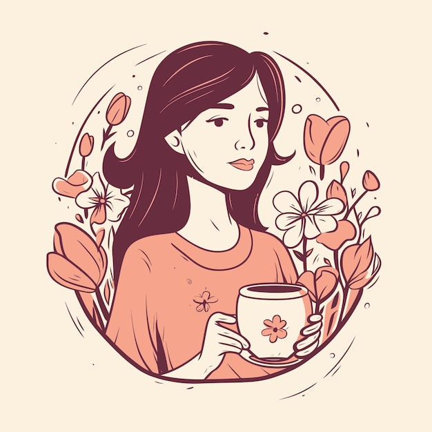 Madre che tiene la tazza di caffè tra l'illustrazione piana del fumetto dei fiori