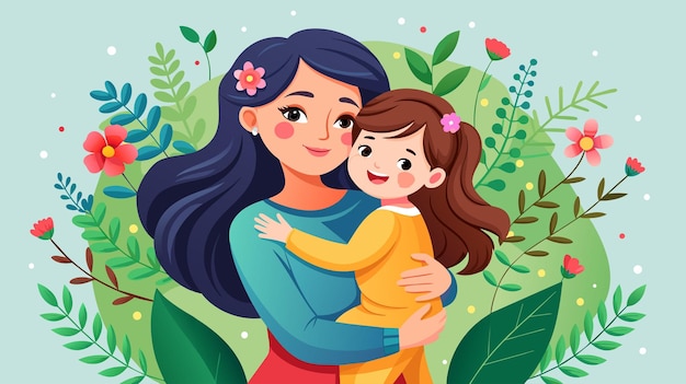 Madre e figlia che si abbracciano in un'illustrazione vettoriale di un giardino floreale