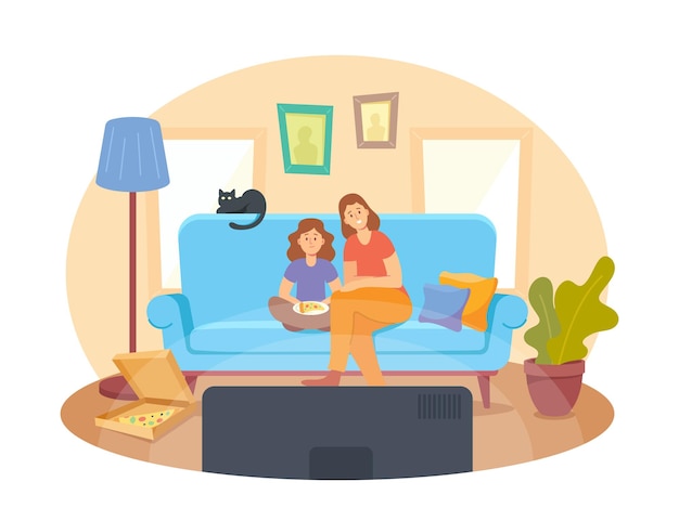 Madre e figlia piccola con pizza e gatto seduti sul divano a guardare film. Concetto di Home Cinema con personaggi familiari felici. La gente guarda un programma televisivo o un film. Fumetto illustrazione vettoriale