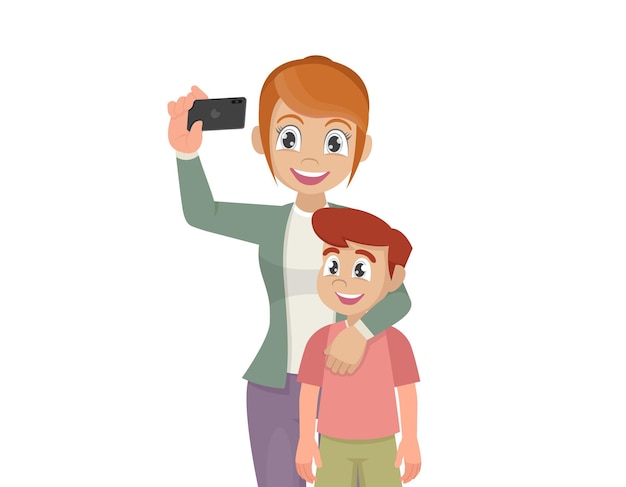 Madre e figlio che prendono selfie simpatico cartone animato