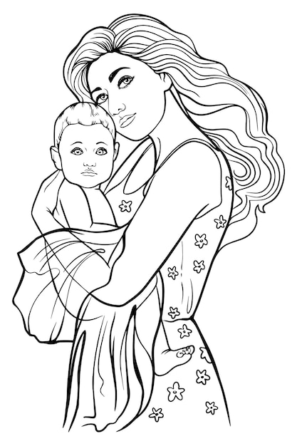 Madre e figlio. Schizzo in bianco e nero disegnato a mano raffigurante una madre e un bambino felici