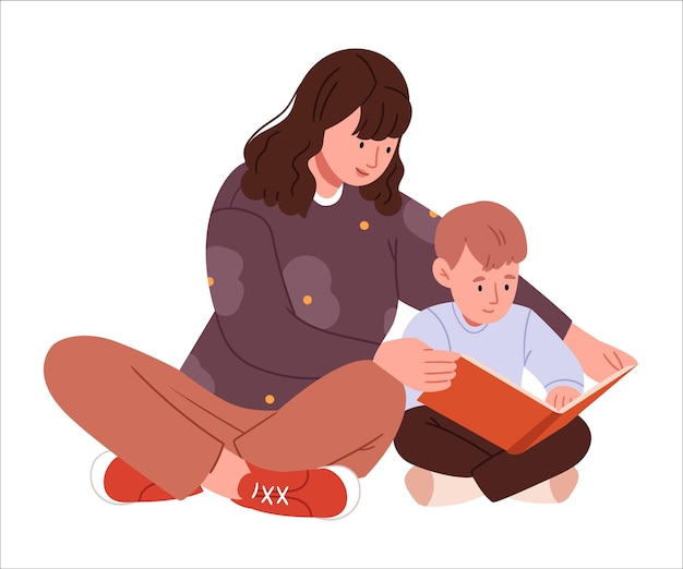 Madre e figlio stanno leggendo un libro Una storia per andare a letto Madre che aiuta suo figlio con i compiti