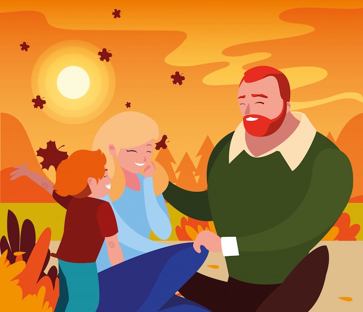 Vettore madre e padre con figlio in autunno