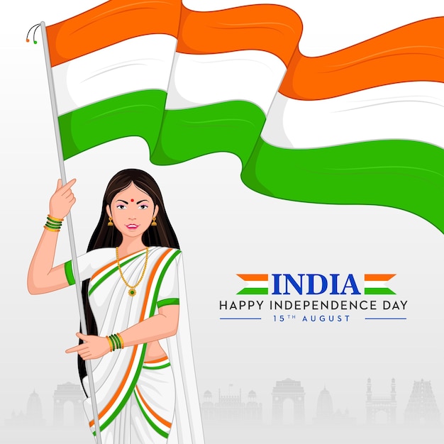 Madre India che tiene bandiera indiana a colori del trio Felice giorno dell'indipendenza