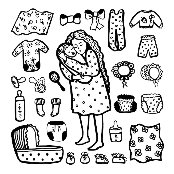 Vettore madre premurosa, disegno in bianco e nero in stile doodle.