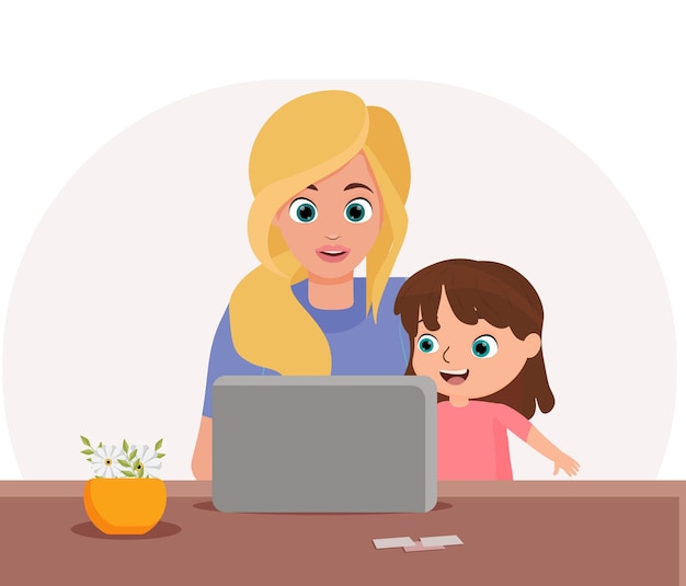 madre si siede con il figlio alla scrivania e lavora al computer a casa maternità e vettore di carriera