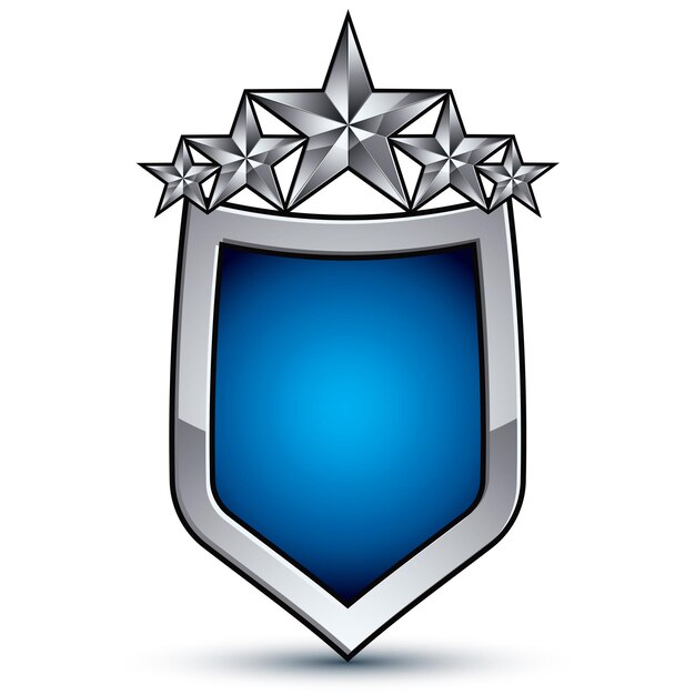 Maestoso emblema vettoriale blu con cinque stelle pentagonali decorative in argento, elemento di design concettuale reale 3d, eps8 trasparente. Stemma lucido isolato su sfondo bianco. Stemma araldico.