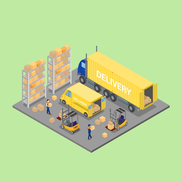 Magazzino isometrico. Industria del carico. Lavoratore sul carrello elevatore. Caricamento del carico.