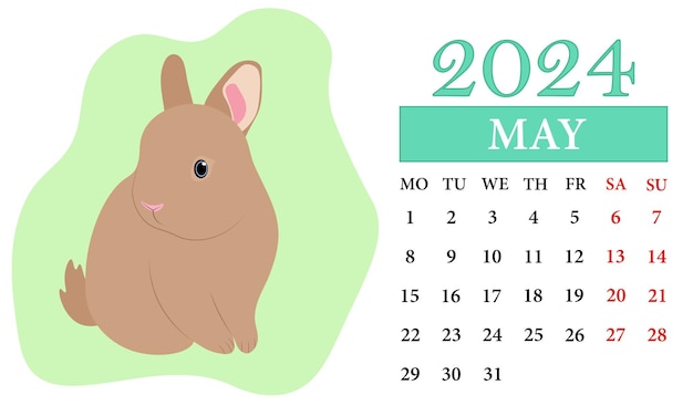 Maggio Calendario mensile 2024 con un coniglio