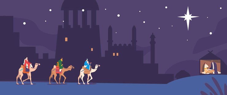 Vettore magi in sella a cammelli seguono una stella attraverso la notte fino al bambino gesù la scena biblica cattura la storia di tre re magi