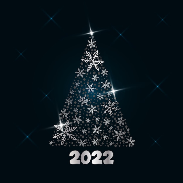 Magico albero di Natale d'argento di fiocchi di neve con stelle scintillanti su uno sfondo blu scuro. Buon Natale e felice anno nuovo 2022. Illustrazione vettoriale.