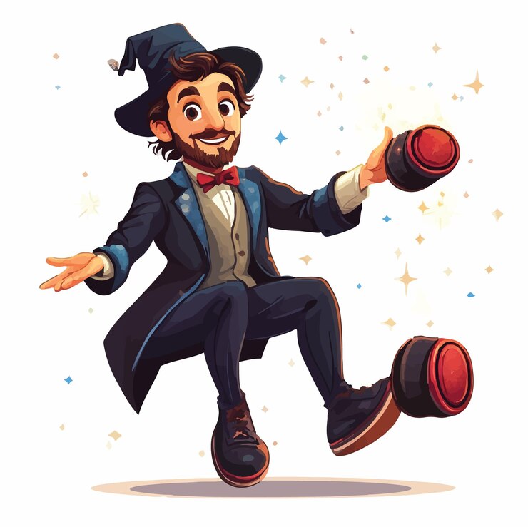 Vettore magico stravagante che si esibisce con scarpe di grandi dimensioni illustrazione vettoriale
