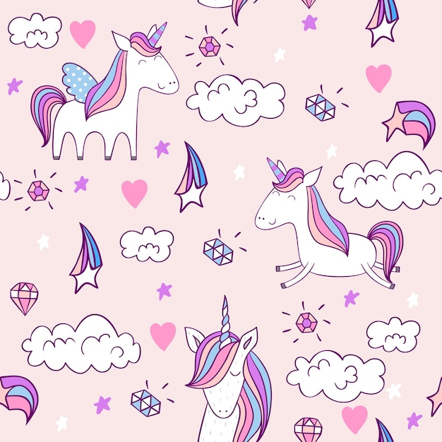 Magico unicorno carino con reticolo senza giunte di vettore del castello