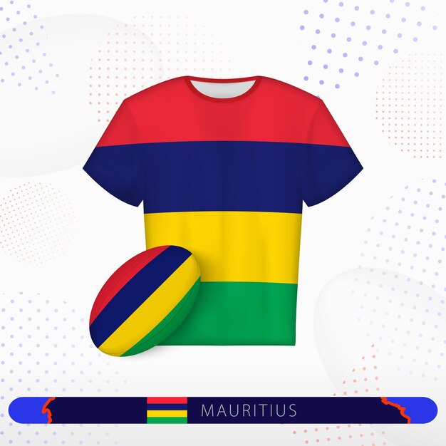 Maglia da rugby Mauritius con pallone da rugby di Mauritius su sfondo sportivo astratto