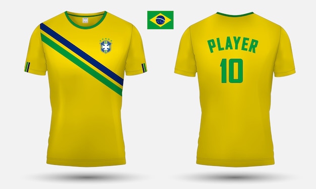 Maglia della squadra di calcio del Brasile Design insieme alla bandiera e all'icona del Brasile. Design e mockup in jersey