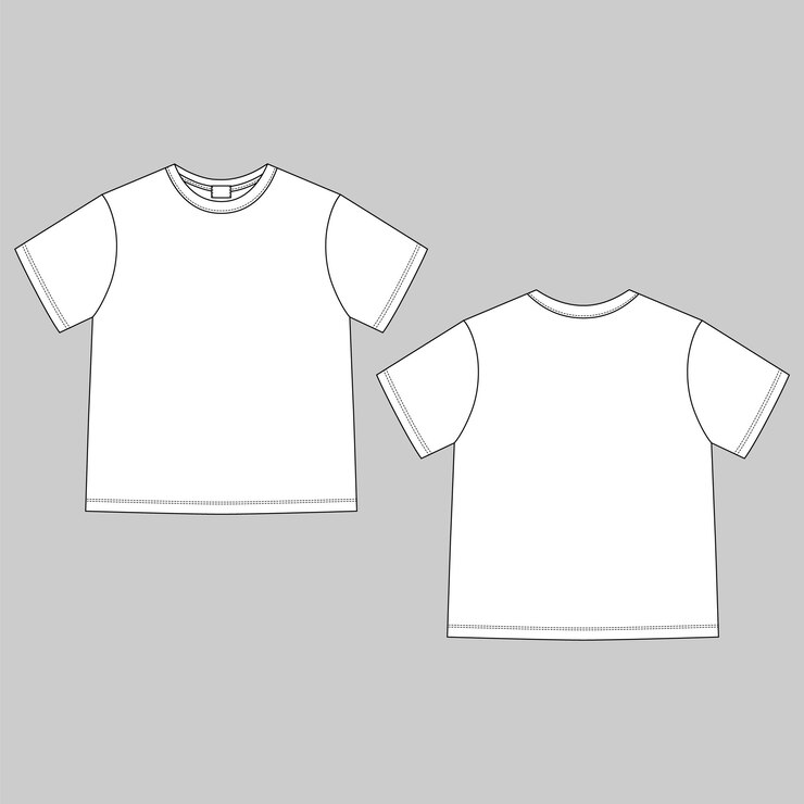 Maglietta unisex vuota di schizzo tecnico su sfondo grigio. Modello di progettazione CAD per t-shirt di abbigliamento. Viste anteriore e posteriore. Illustrazione vettoriale