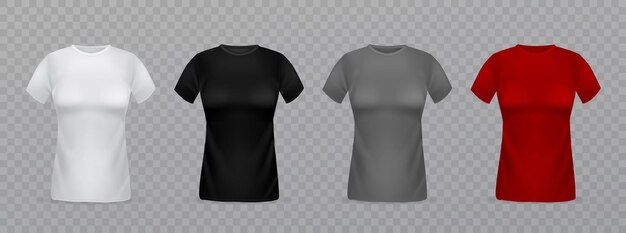 Magliette da donna realistiche Modelli di vestiti femminili isolati 3d Bianco nero grigio e rosso camicie da donna vuote vista frontale Vuoto marketing tessile branding vettore isolato mockup