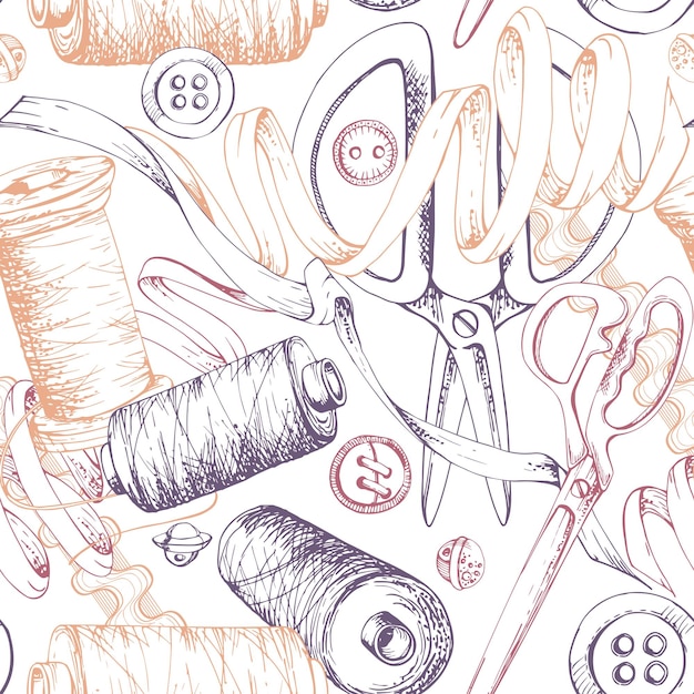 Magliette di tessuto, bottoni, nastri, fili, bobine, zigzag, pizzo, rosso beige, rifornimenti per l'artigianato a cucire, disegnati a mano
