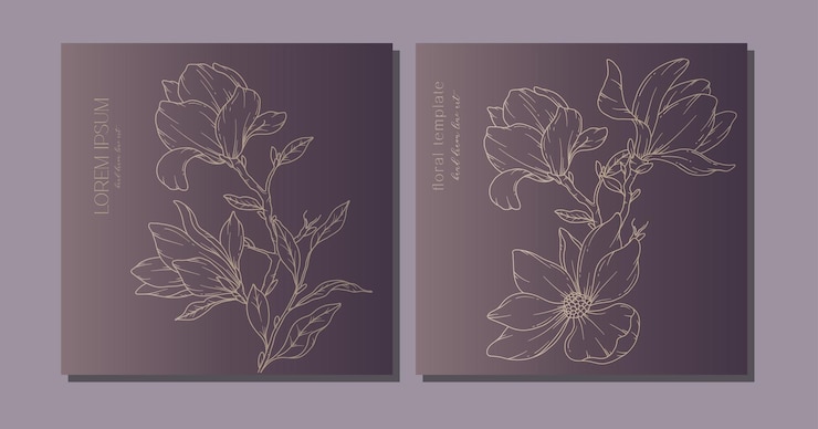 Vettore magnolia disegnata a mano fiori di magnolia line art magnolia illustrazione sfondi botanici dorati