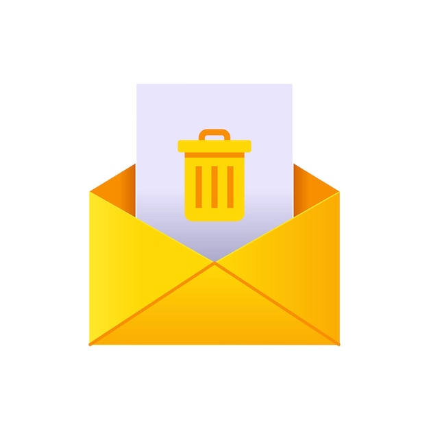 Mailing spam 3d email busta gialla con file allegato con illustrazione vettoriale simbolo cestino