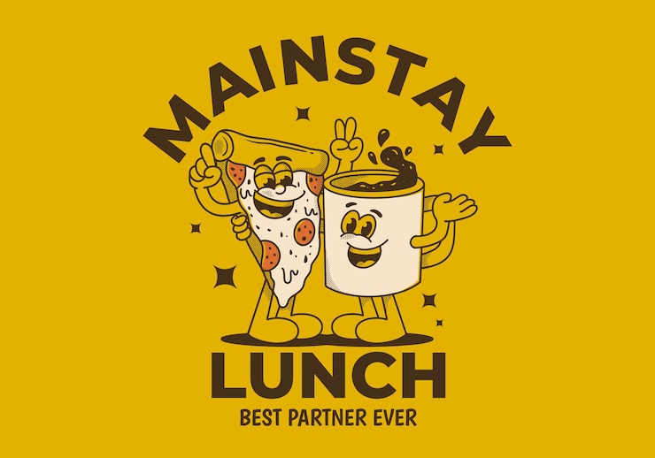 Vettore mainstay pranzo miglior partner di sempre personaggio mascotte illustrazione di una tazza di caffè e una fetta di pizza