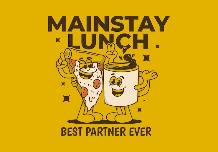 Vettore mainstay pranzo miglior partner di sempre personaggio mascotte illustrazione di una tazza di caffè e una fetta di pizza