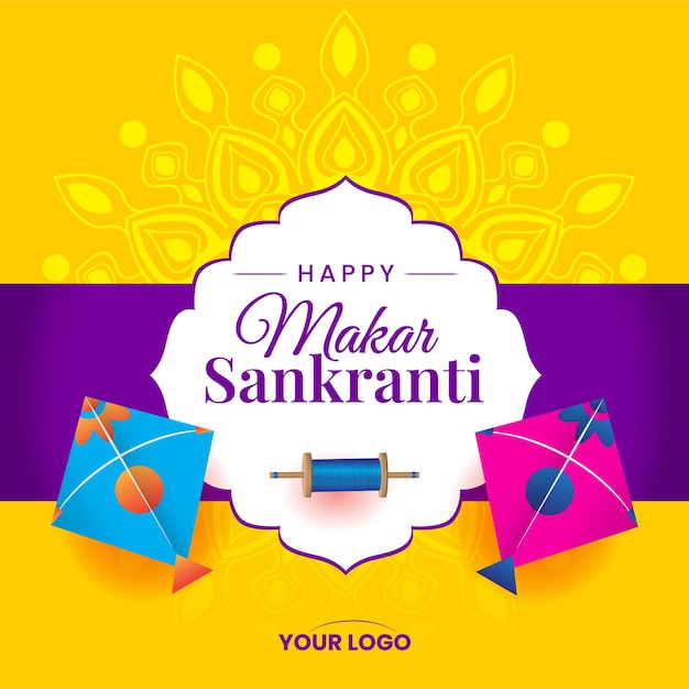 Makar Sankranti con aquiloni mandala giallo sfondo festivo vettore