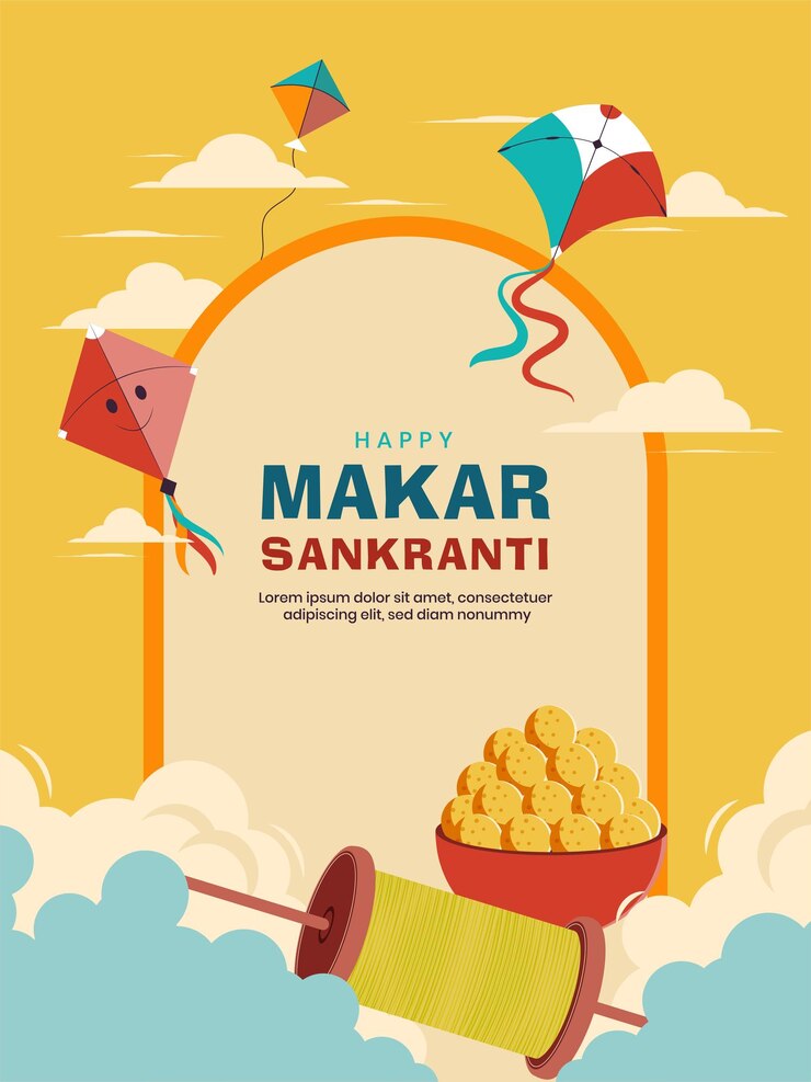 Vettore makar sankranti festival di aquiloni piatto minimo colore brillante celebrazione tradizionale del festival indiano vettore illustrazione con aquiloni dolci e rotoli di filo